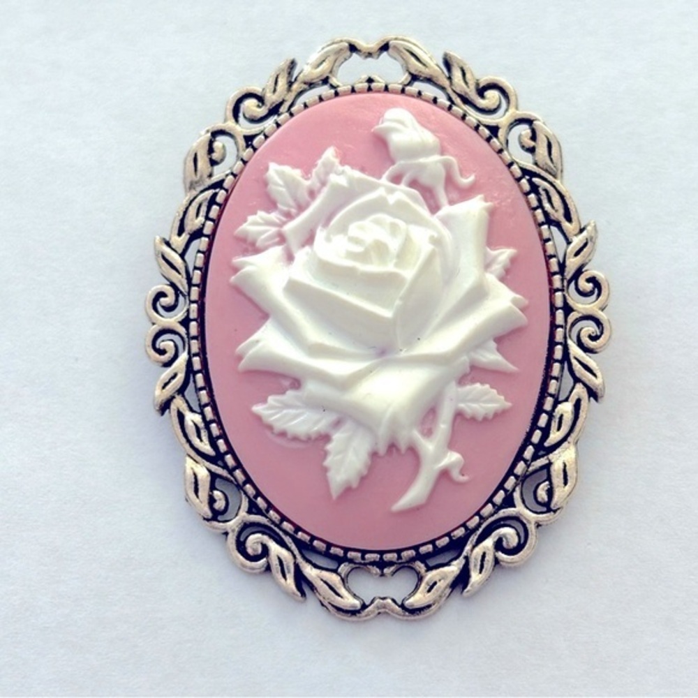 Pink and White Rose Cameo Handmade Brooch, NWT, Victorian